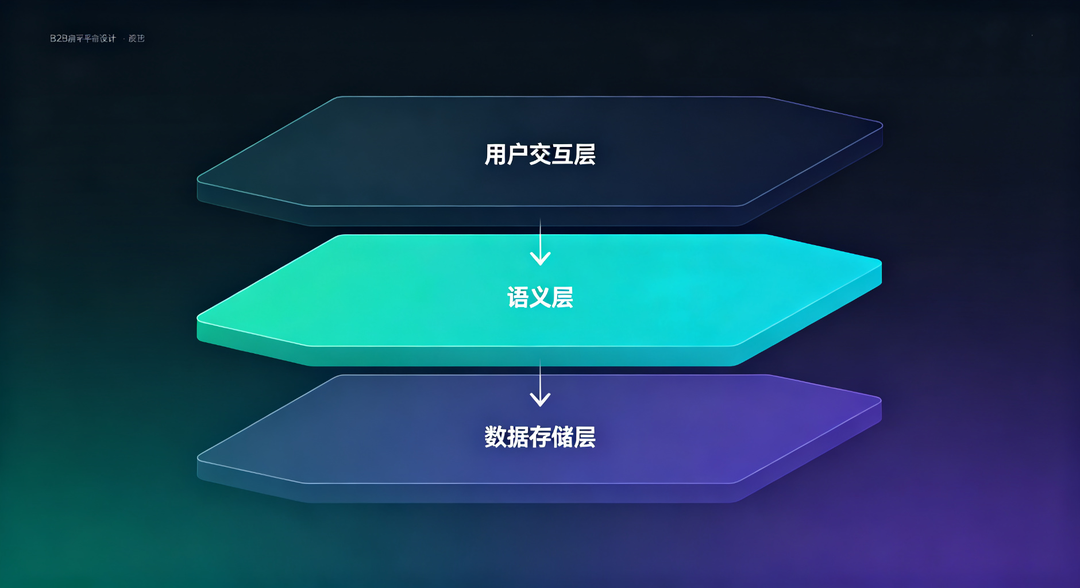 自然语言查询三层架构示意图，顶层用户交互、中层语义映射、底层数据存储