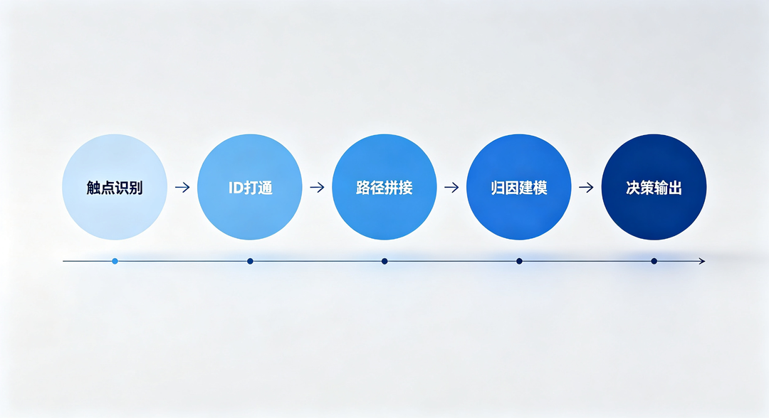 跨端用户旅程分析五步法流程示意图，五个节点依次连接