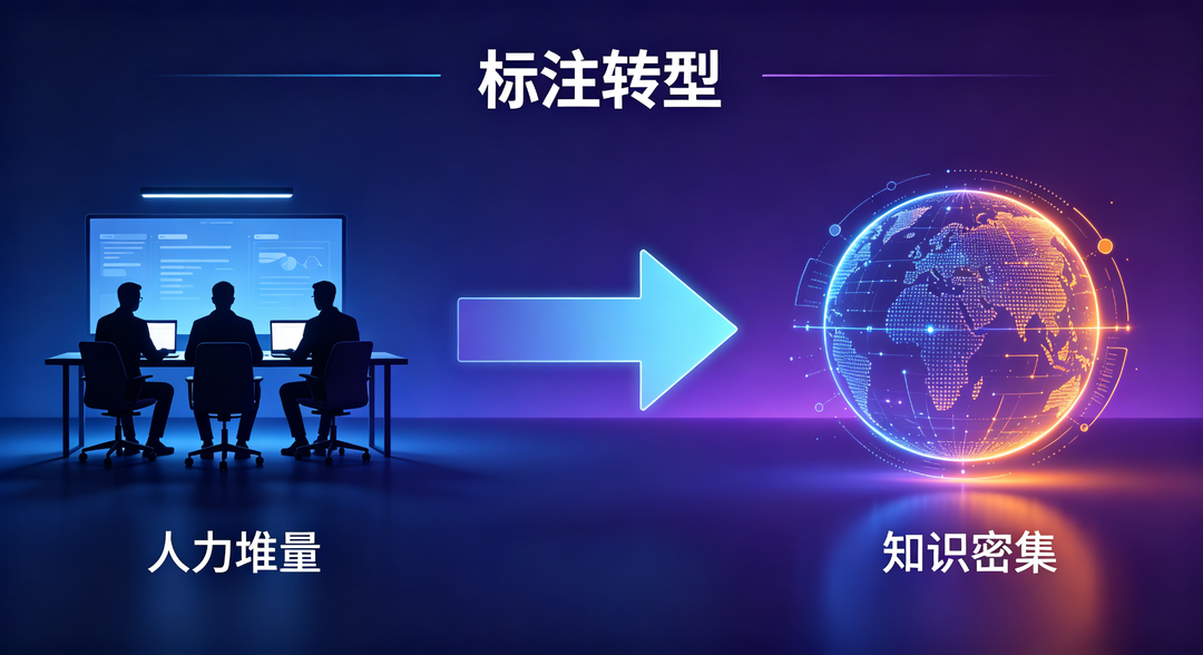 数据标注从人力堆量向知识密集型转型示意图