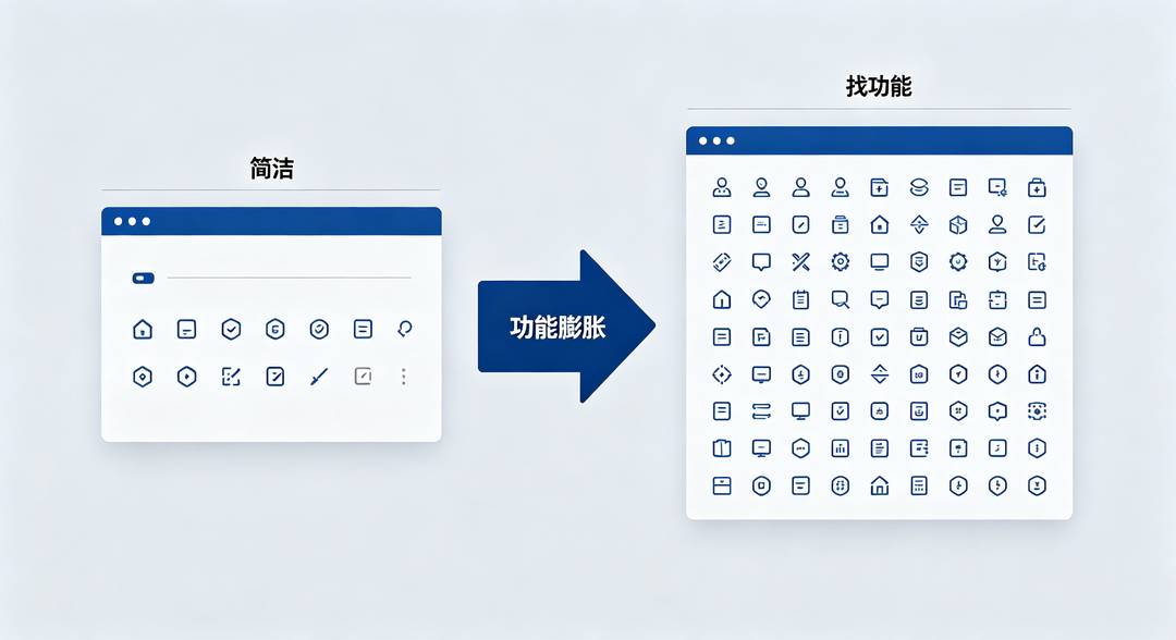 数据分析工具功能叠加导致界面复杂度递增示意图