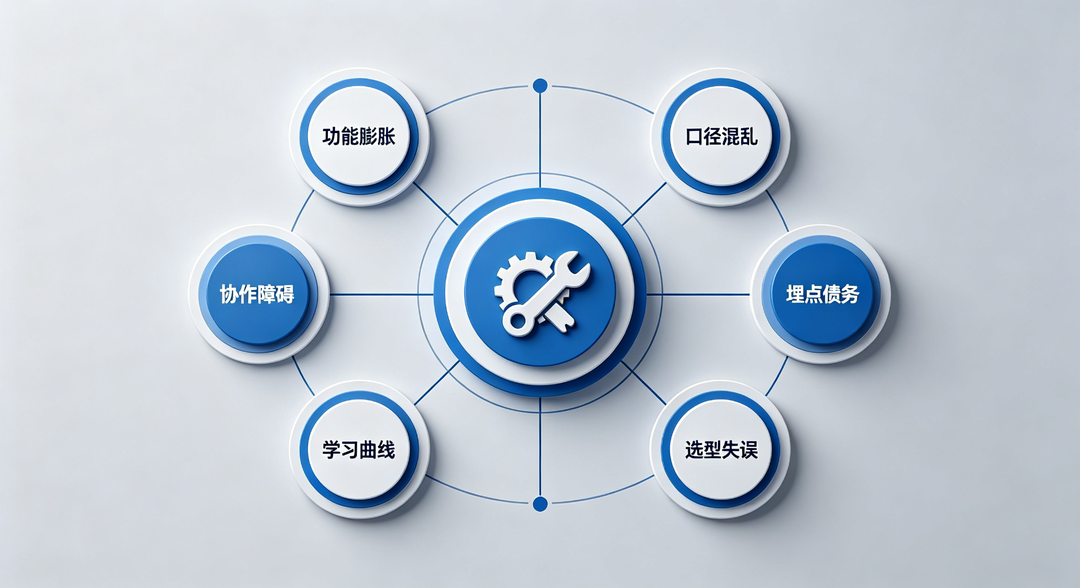 数据工具难用的六个系统性根因叠加关系示意图