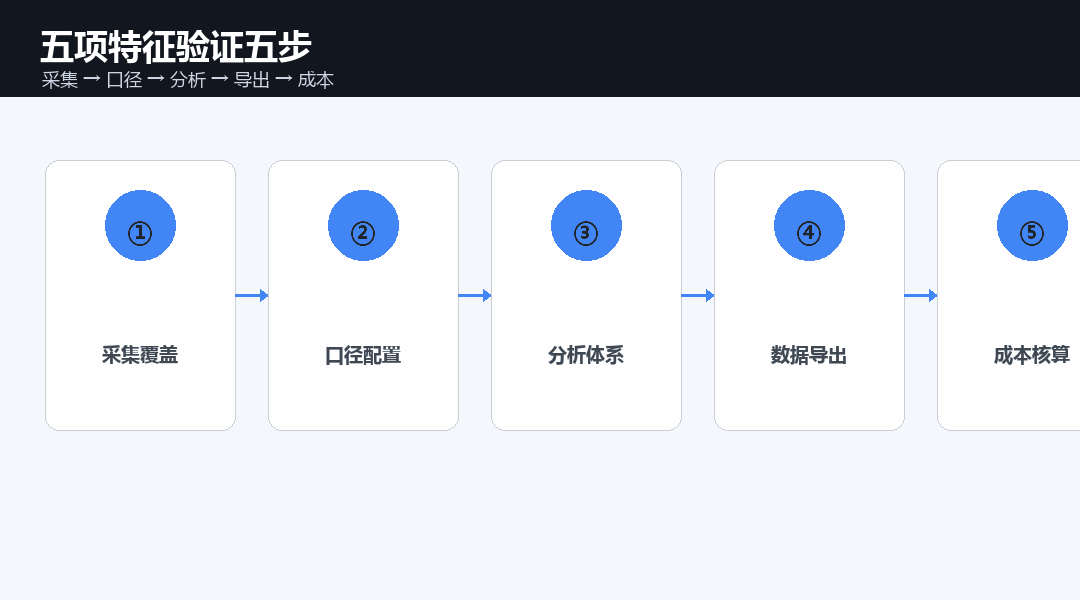五项特征验证五步流程：采集、口径、分析、导出、成本