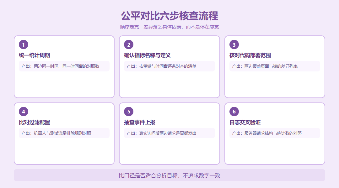 公平对比六步核查流程图：横向六张卡片依次为统一周期、确认定义、核对部署范围、比对过滤配置、抽查事件上报、日志交叉验证，每步下方标注该步产出