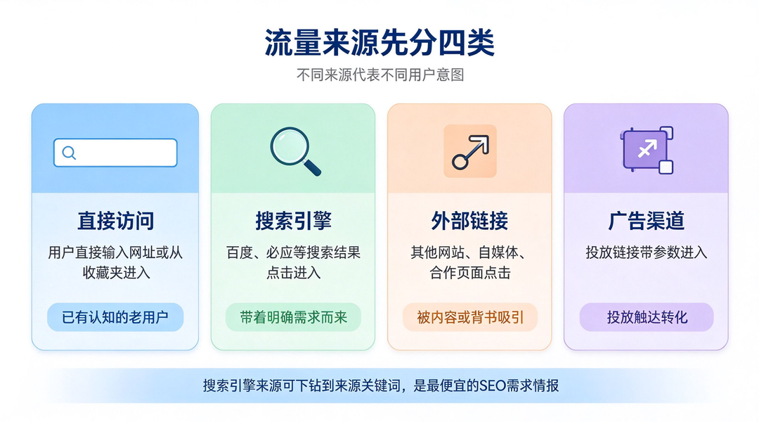 456数据网站统计来源渠道四类:搜索引擎、直接访问、外链、社交,跳出率按来源拆分排查