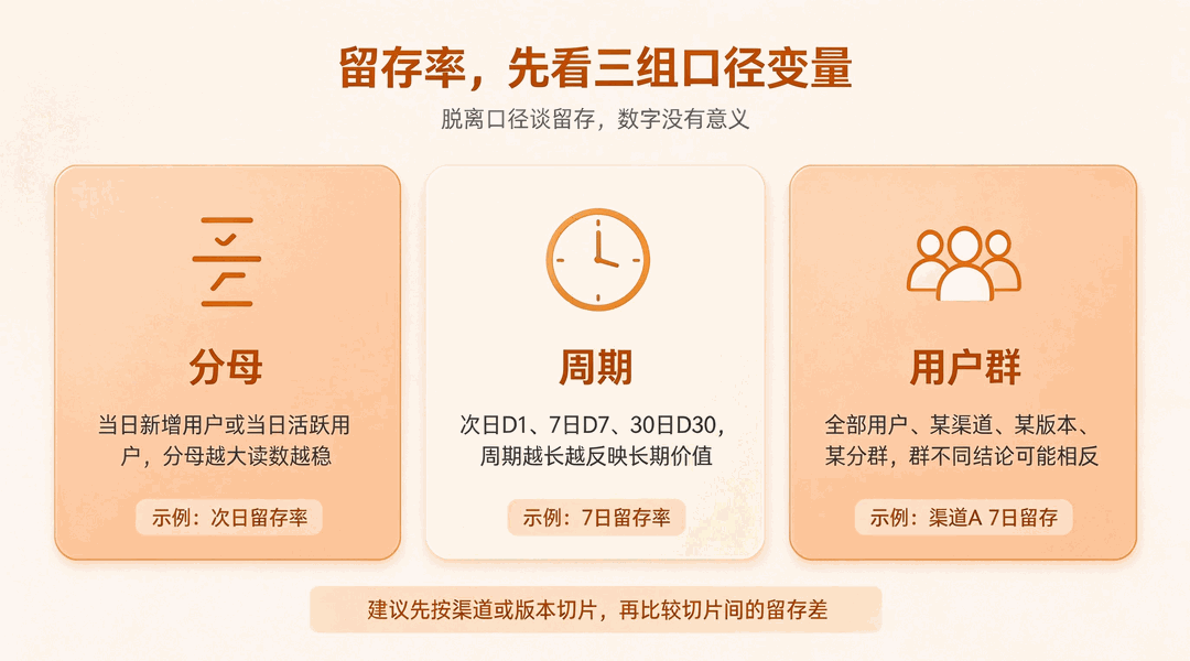 456数据用户行为分析留存三组口径信息图:周期、分组、基准