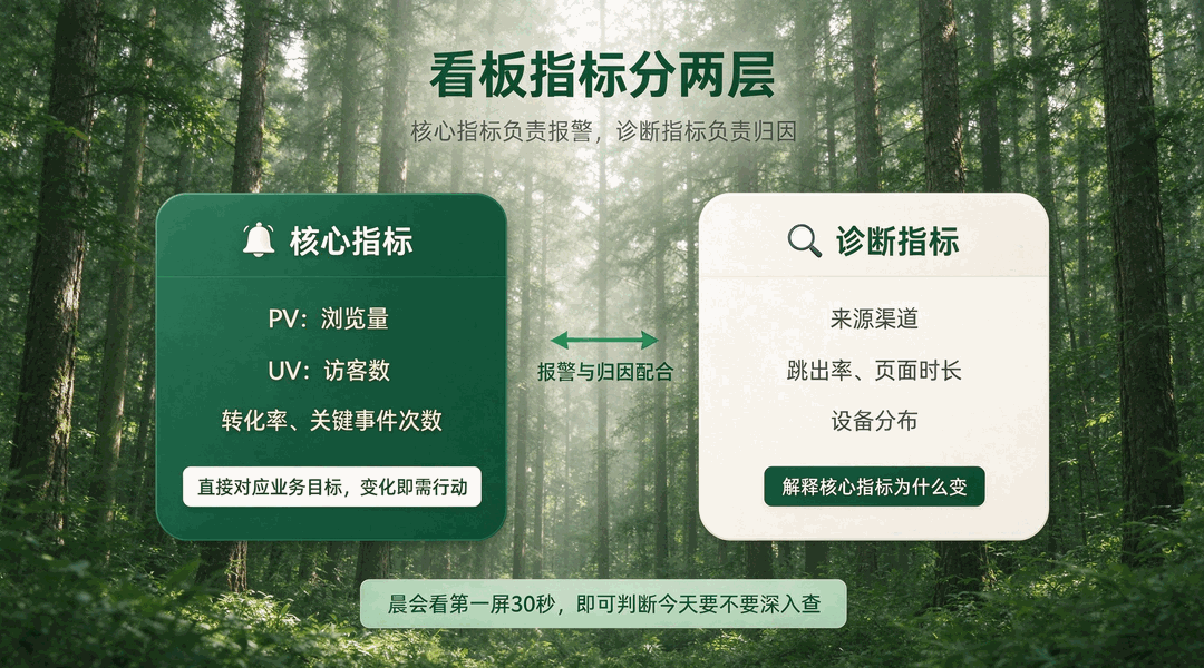 456数据统计平台教程看板两层结构图:核心指标层与诊断指标层
