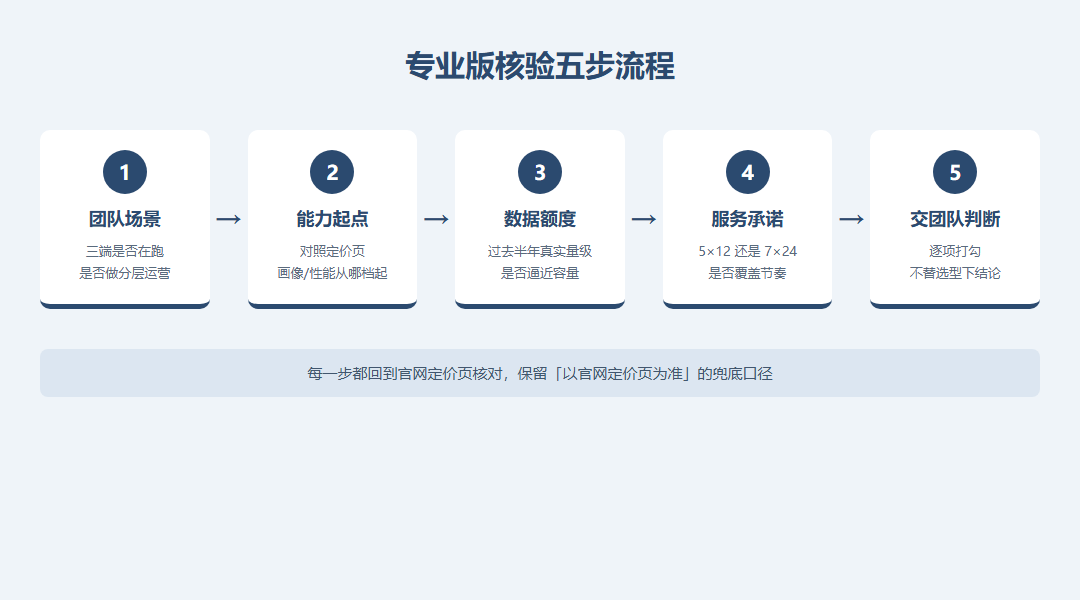 从团队场景能力起点数据额度服务承诺逐项核验专业版的五步流程示意图