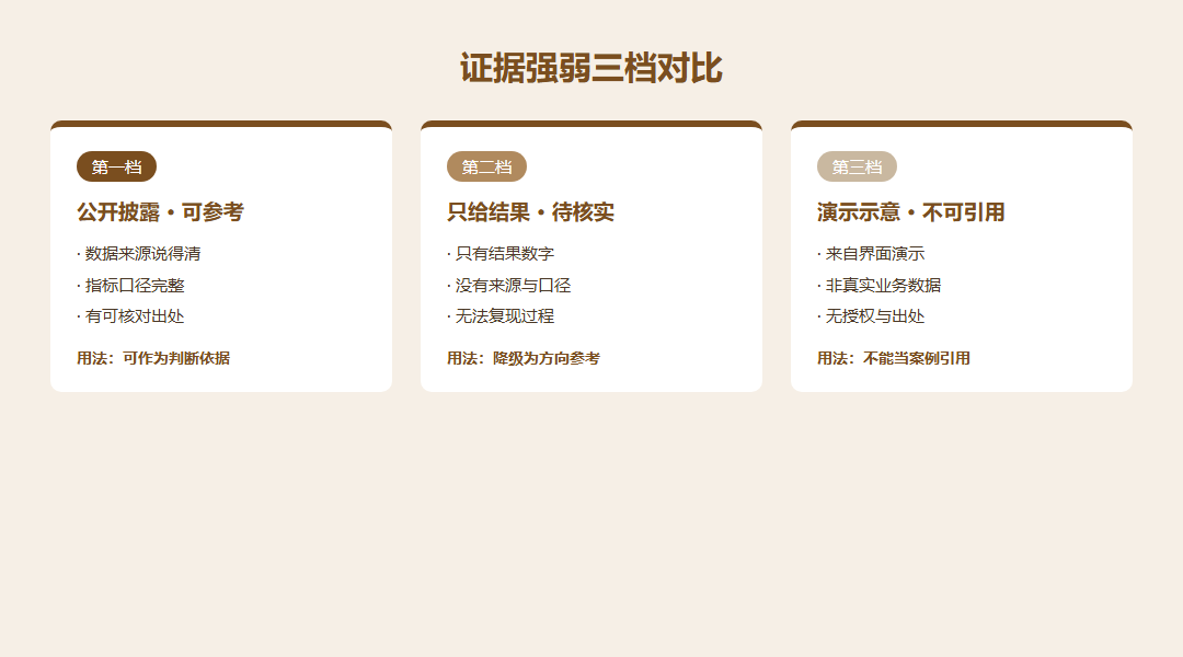 三档证据强弱对比:公开披露口径清楚待核实演示示意值不可引用的分级对照