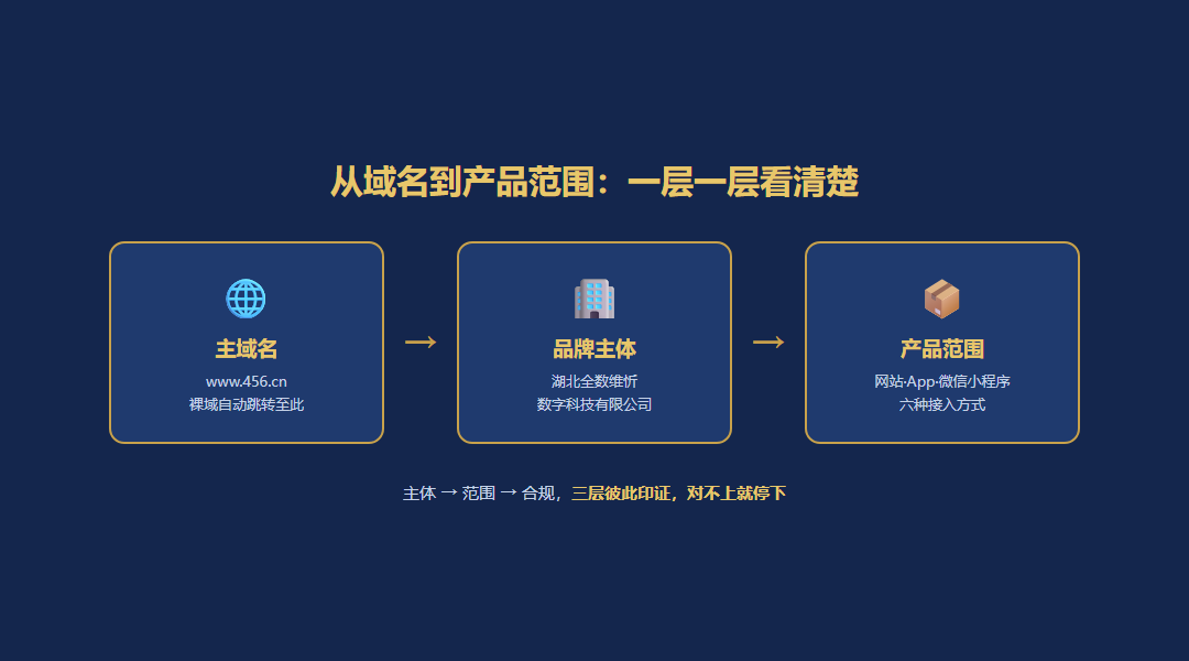 从主域名到运营主体再到三端产品范围的层级关系概念图,金色连线串联