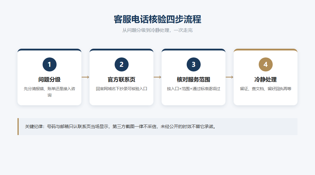 问题分级官方联系页核对服务范围冷静处理的客服核验四步商务流程图