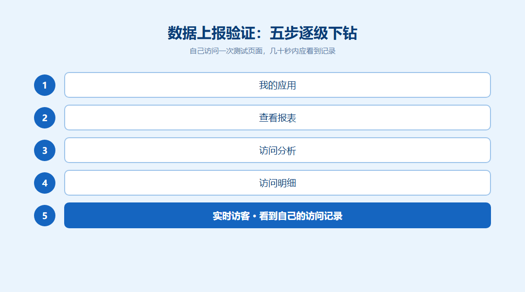 数据上报验证五步流程图：我的应用查看报表访问分析访问明细实时访客逐级下钻