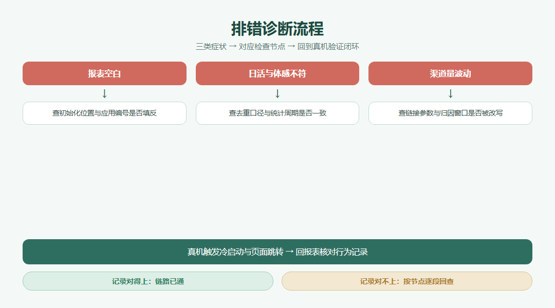 App排错诊断流程图,三类症状分别指向初始化口径参数与版本号检查节点,最终回到真机验证闭环
